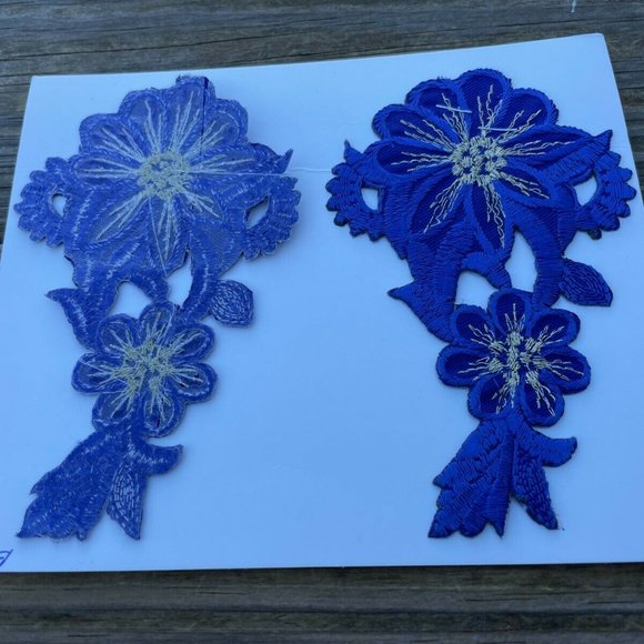 Iron On Patches Blue Embroidery Applique Flower Pattern Shape Craft Set of 2 - Picture 6 of 8